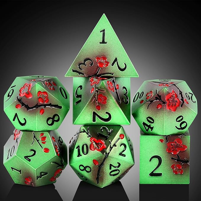 Metal Dice Set D&D, DNDND 7 PCS Metallic Flowers DND Dice with Gorgeous Gift Case for D&D Dungeons and Dragon Tabletop Game (Green and Red)