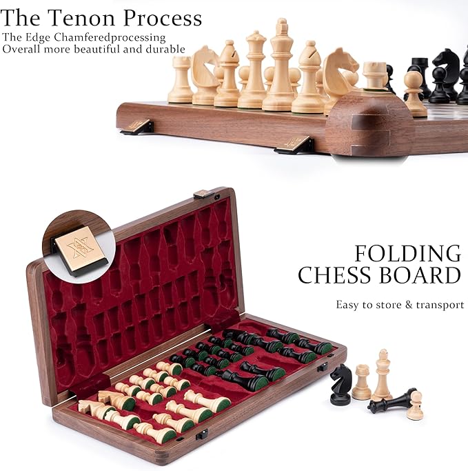 A&A Premium Natural Walnut Folding Chess Board Game Set, 15" Wooden Chess Board & 3" King Height Staunton Chess Pieces with 2 Extra Queens, Portable Travel Chess Set with Storage Bag for Adults & Kids