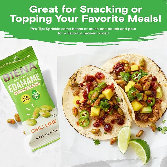 Biena Crispy Roasted Edamame Beans Snack – High Protein Low Carb Snack for Adults & Kids, 12g Protein per Serving - Made w/Avocado Oil – Vegan, Gluten-Free – 10-Pack, 1.05oz Bags, Chili Lime