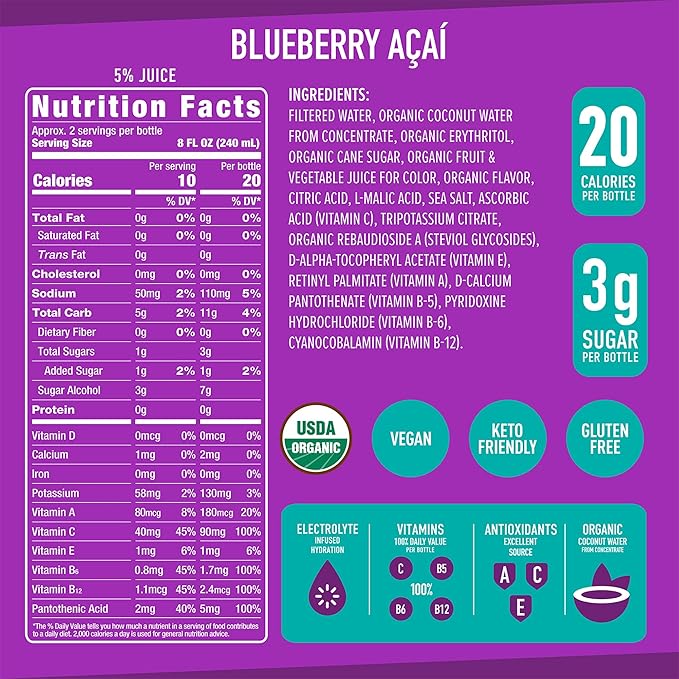 Roar Organic Electrolyte Infusions - USDA Organic - Blueberry Acai - with Antioxidants, B Vitamins, Low-Calorie, Low-Sugar, Low-Carb, Coconut Water Infused Beverage 18 Fl Oz (Pack of 12)