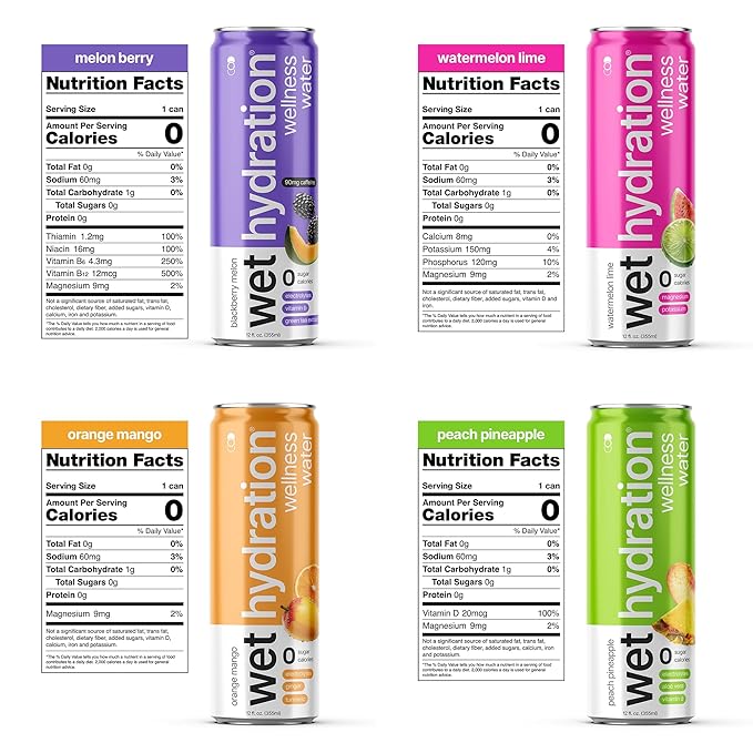 Wet Hydration, Zero Calorie, Functional Wellness Water - Variety Pack (12 Ounce Cans, 4 Flavors, Pack of 12) - Flavored Water, Hydration Drink, No Sugar, No Artificial Ingredients, Zero Calories (Packaging May Vary)