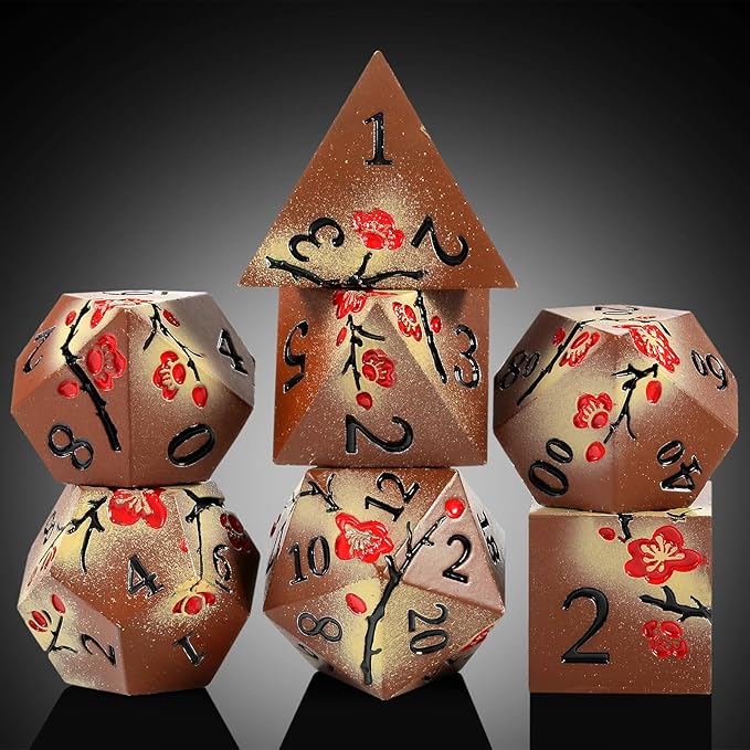 Metal Dice Set DND, DNDND 7 PCS Metallic Flowers D&D Dice with Gorgeous Gift Case for D&D Dungeons and Dragon Tabletop Game (Brown and Cream-Coloured)