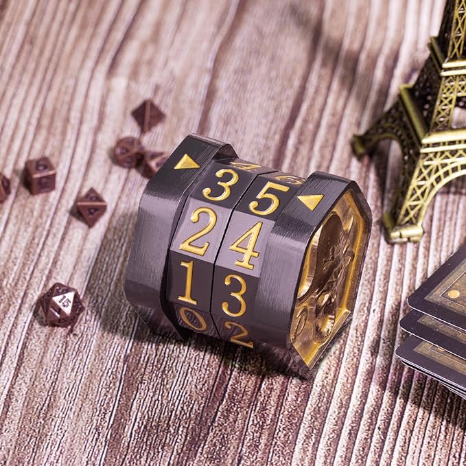 MTG Life Counter Wheel Metal Life Counter MTG Tracker, Mini Dice Set, Gift Box Packaging for Cards, MTGs Compatible Board Games, DND Game Accessories (Black Nickel_Gold)