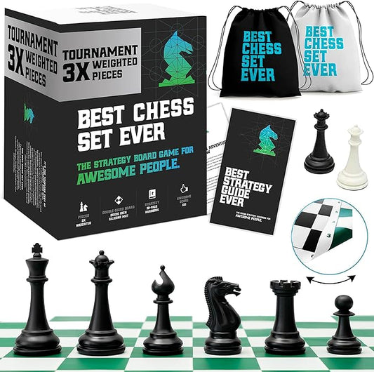 Best Chess Set Ever 3X Triple Weighted Tournament Size Chess Game (4" King) Large Staunton Modern Pieces, 20x20 Big Double-Sided, Roll Up Silicone Mat, Professional Chess Board Set for Adults & Kids
