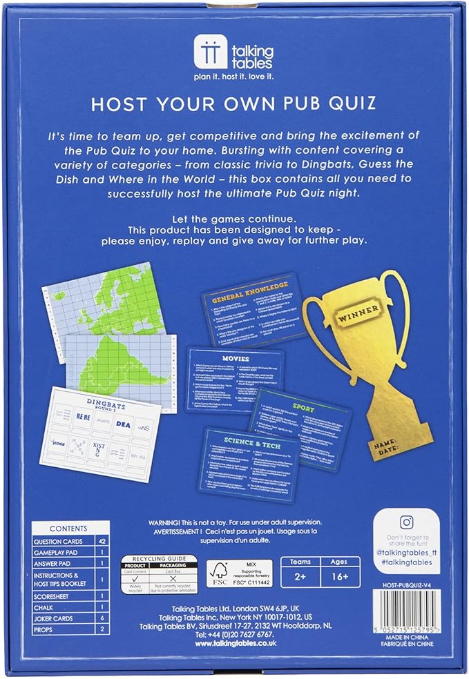 Talking Tables Pub Quiz Game Cards & Score Board Poster Host Your Own Games Night, Competitive After Dinner Party, General Knowledge Trivia Questions & Answers, Host-PUBQUIZ-V4