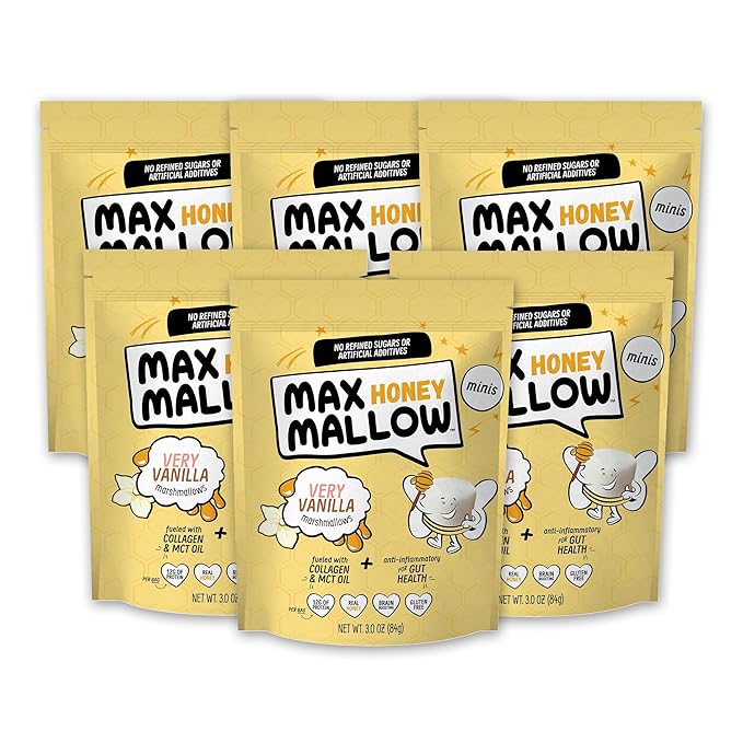 Max Mallow Very Vanilla Mini HONEY Marshmallows – Gut Friendly, Gluten Free, No Refined Sugars, Real Wildflower Honey, Collagen-Infused Snack (6 Pack, Very Vanilla)