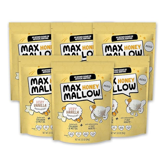 Max Mallow Very Vanilla Mini HONEY Marshmallows – Gut Friendly, Gluten Free, No Refined Sugars, Real Wildflower Honey, Collagen-Infused Snack (6 Pack, Very Vanilla)