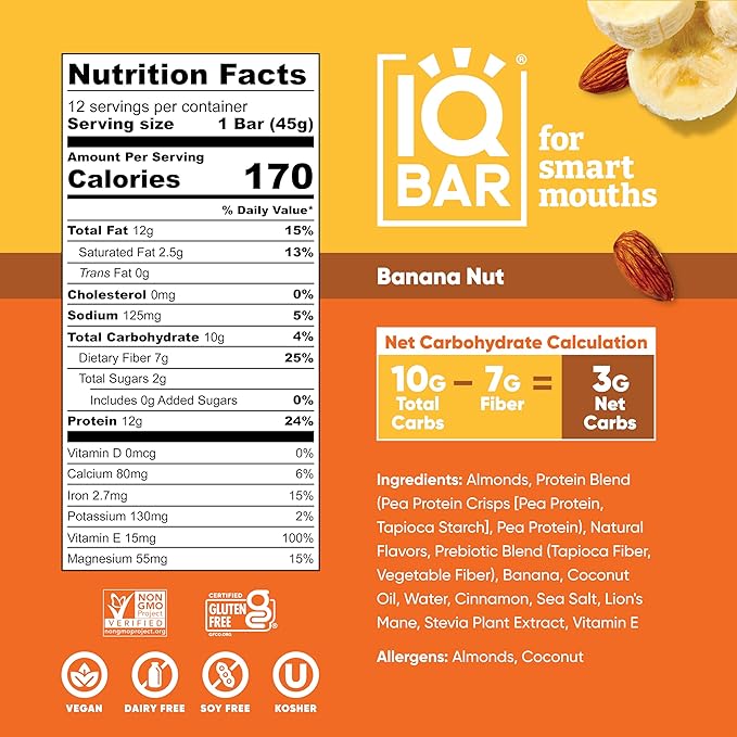 IQBAR Brain and Body Plant Protein Bars - Banana Nut - 36-Count Low Carb - Gluten Free, High Fiber, Vegan Snacks - Low Sugar Meal Replacement