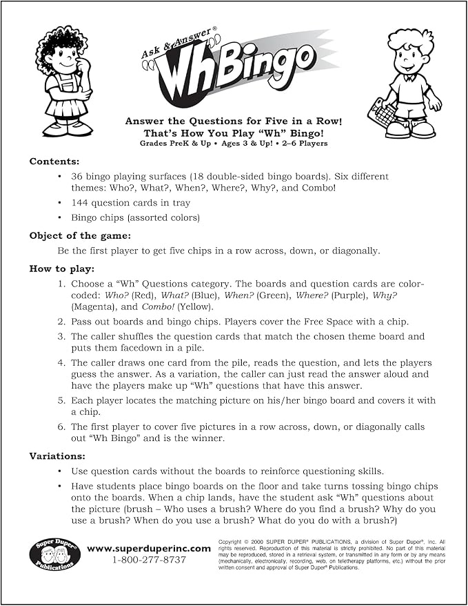 Super Duper Publications | Ask & Answer® Wh Bingo Board Game | Comprehension, Verbal, and Communication Skills | Who, What, Where, When, and Why Questions | Educational Resource for Children