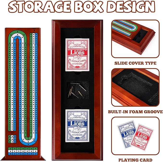 Wooden Cribbage Board Game Set with Large Storage Area, Solid Wood 3 Track Cribbage Board, 9 Metal Pegs, 2 Playing Cards and Instruction. Travel Family Game Night Travel Cribbage Sets for All Ages