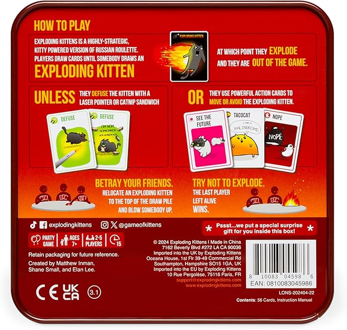 Exploding Kittens Original Edition in a Collectible TIN - Hilarious Card Game for Family - Party Game for Ages 7 and Up - 56 Cards - 2-5 Players - 15 Minutes of Play