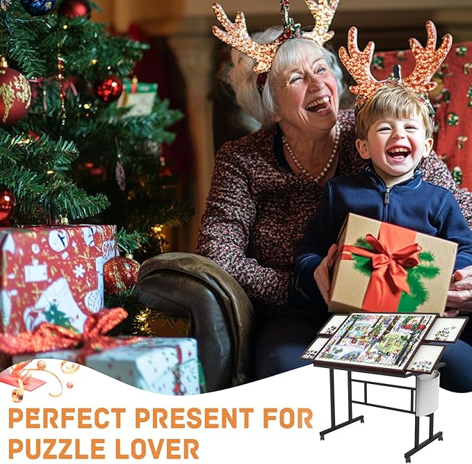 Jigsaw Puzzle Table 1500pcs with Legs and Storage Pocket,5 Adjustable Up Level Puzzle Tables for Adults with Drawers and Wheels,Board Game Table,Coffee Color