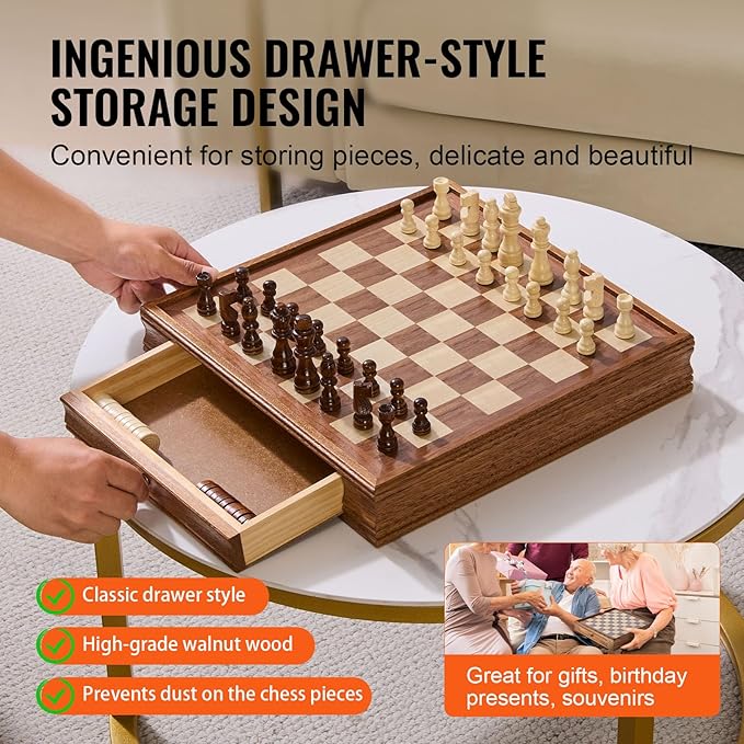 VEVOR Solid Wood Chess Set, 15 inch 2-in-1 Chess Checkers Game Set, Chess Board Games with Storage Drawer & Weighted Chess Checkers Pieces & 2 Queens, Christmas Crafts Xmas Gift