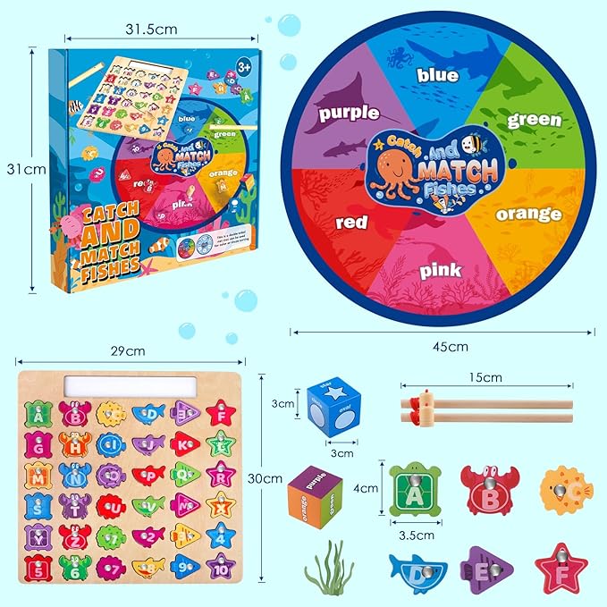 Alphabet Fishing Game - Wooden ABC Letter Puzzle for Toddlers 3-5 Years Old, Fine Motor Skills Toy, Birthday Gift for Kids