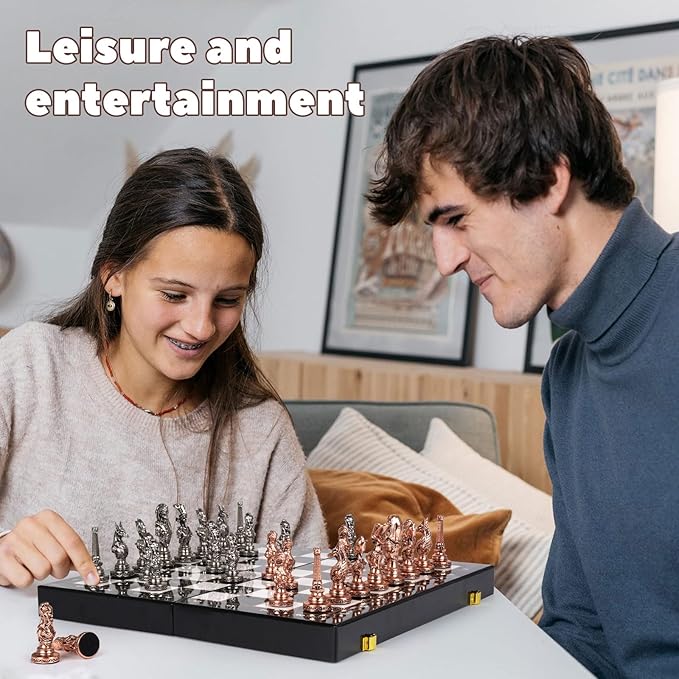 Large Egyptian Metal Chess Set for Adults with Travel Foldable Marbling 15-Inch Chess Board - Weighted Metal Chess Pieces- Luxurious Chess Sets for Collectors Family Vintage Board Game