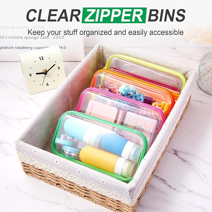 Hoolerry 4 Pcs Hard Clear Zipper Case Transparent Cases for Snacks Makeup Bag Plastic Storage Box Containers for Building Blocks, Puzzles, Cosmetics(Fluorescent,7.5 x 3.9 x 2 in)