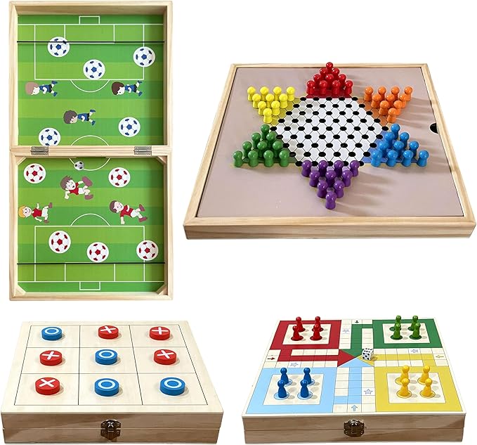 Double Sided 4-in-1 Board Games - Fast Sling Puck Game | Ludo Board Game | Tic Tac Toe Game | Chinese Checkers Board Game | Family Board Games for Kids and Adults | Wooden Board Games for Family Night