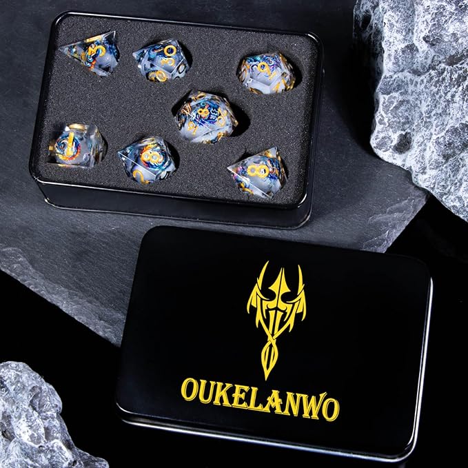 OUKELANWO Liquid Core Dragons Stickers DND Dice Set D&D, 7Pcs Dungeons D and D Role Playing Dice with Gift Box, Resin Sharp Edge Dice D20 D12 D10 D8 D6 D4, White Gold