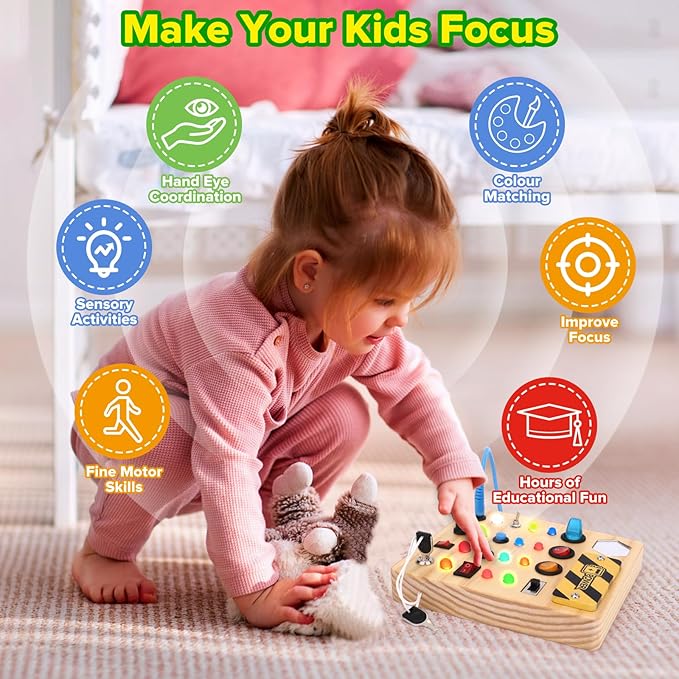 Montessori Busy Board,Montessori Toys for 1-3 Years Old,Baby Sensory Board,Preschool Learning Activities,Wooden Toys for Toddler,Christmas & Birthday Gift for Boys & Girls