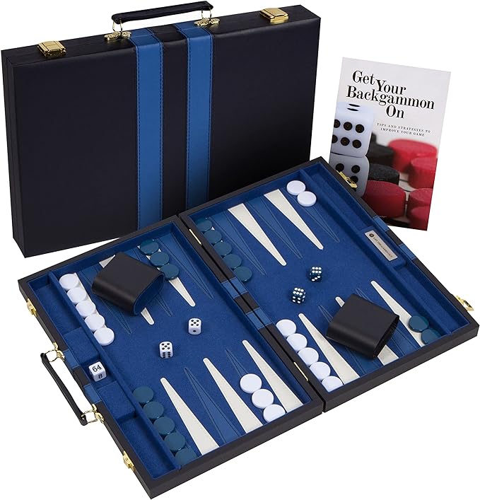 Get The Games Out Top Backgammon Set - Small Travel Size Classic Board Game Case - Best Strategy & Tip Guide (Blue, Small)