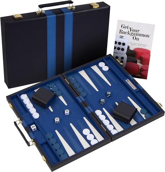 Get The Games Out Top Backgammon Set - Small Travel Size Classic Board Game Case - Best Strategy & Tip Guide (Blue, Small)