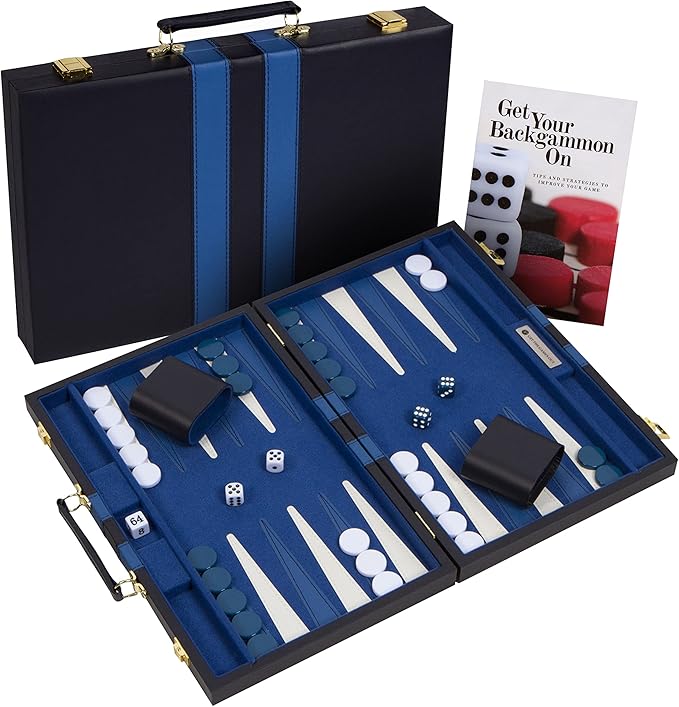 Get The Games Out Top Backgammon Set - Small Travel Size Classic Board Game Case - Best Strategy & Tip Guide (Blue, Small)