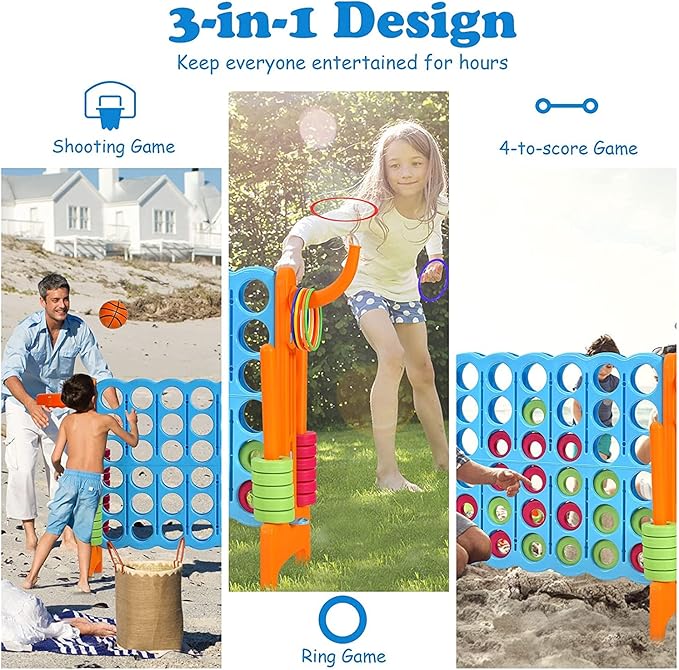 Giant 4 in a Row Connect Game, Jumbo 4 to Score Game Set w/ 42 Chess Rings, Basketball & Hoop, Toss Rings & Quick-Release Lever, Indoor & Outdoor Family Party Game for Kids & Adults