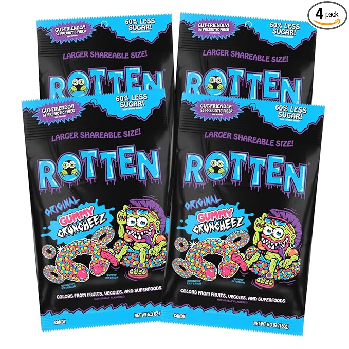 Rotten Original Gummy Cruncheez - Low Sugar, Low Calorie, 5g Gut-Friendly Prebiotic Fiber, Gluten Free Candy, No Artificial Dyes - 5.3 oz Share Pack [4 Pack]