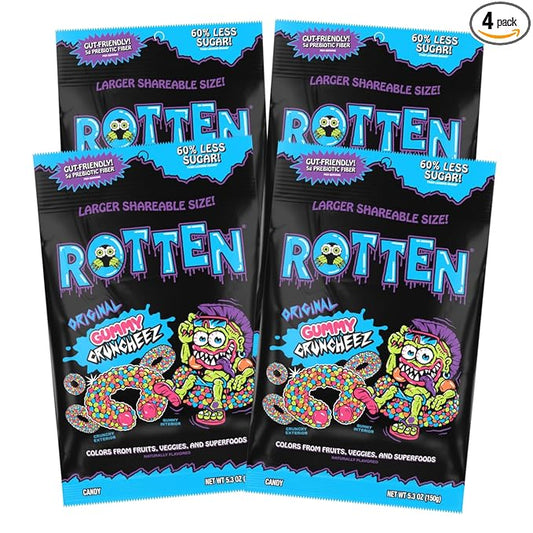 Rotten Original Gummy Cruncheez - Low Sugar, Low Calorie, 5g Gut-Friendly Prebiotic Fiber, Gluten Free Candy, No Artificial Dyes - 5.3 oz Share Pack [4 Pack]