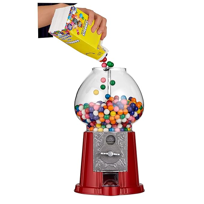 Gumball Machine - 12 Inch Candy Dispenser for 0.62 Inch Bubble Gum Ball and More - Vintage Heavy Duty Red Metal with Large Glass Ball- Easy Twist-Off Refill - Free or Coin Operated - by The Candery