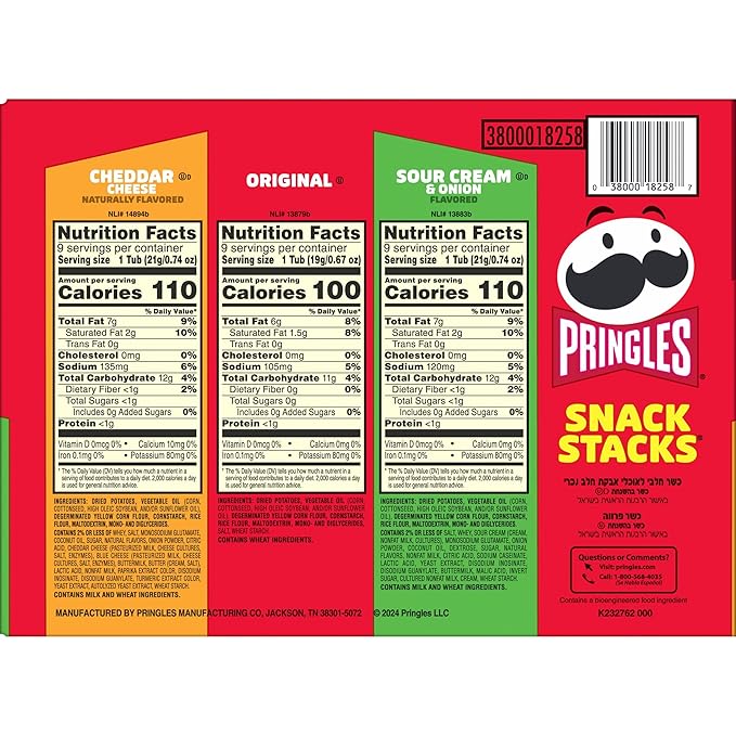 Pringles Potato Crisps Chips, On-the-Go Snacks, Snack Stacks, Variety Pack, 19.3oz Box (27 Cups)