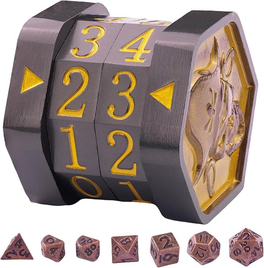 MTG Life Counter Wheel Metal Life Counter MTG Tracker, Mini Dice Set, Gift Box Packaging for Cards, MTGs Compatible Board Games, DND Game Accessories (Black Nickel_Gold)