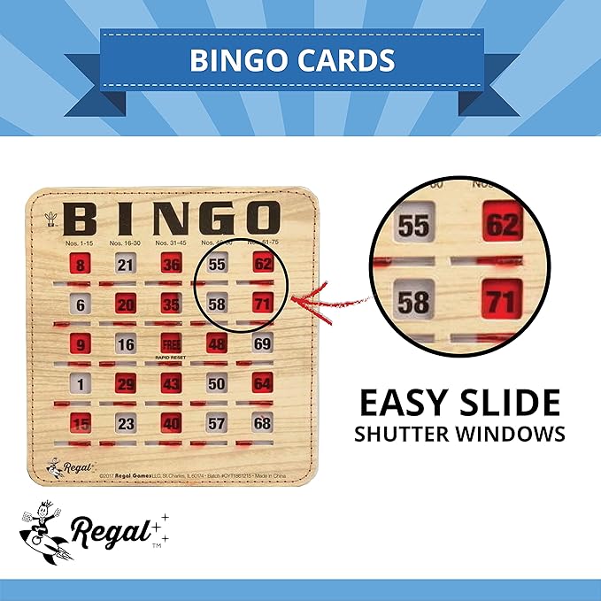 Regal Bingo Bulk Bingo Cards with Sliding Windows - Reusable Bingo Game Cards for Adults Large Group - 10 Pack, Woodgrain