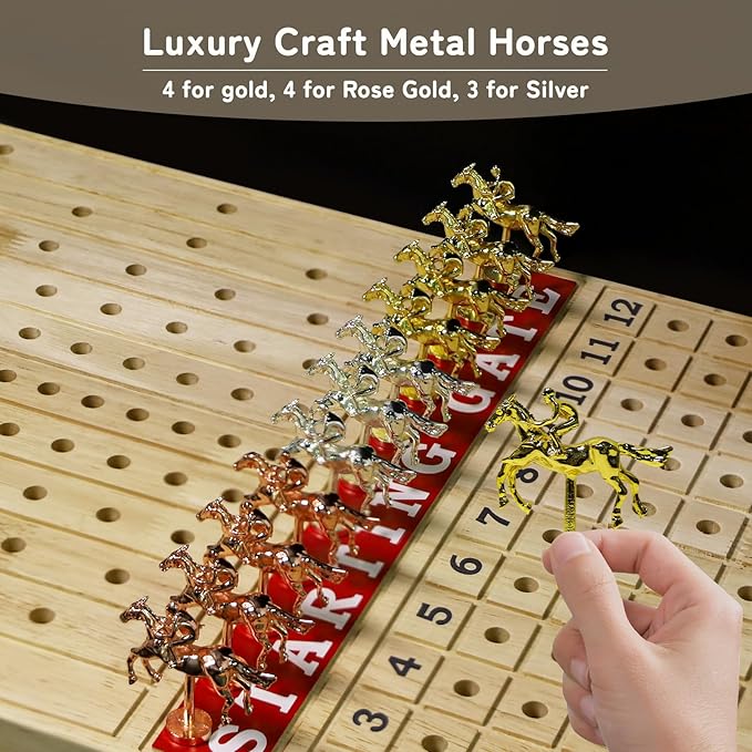 Horse Race Board Game, 23IN Horse Racing Board Game for Adults with Wooden Horse Game Board, 11 Luxurious Metal Horses, 100PCS Chips, 2 Wooden Dice and 2 Decks of Cards