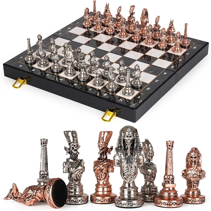 Large Egyptian Metal Chess Set for Adults with Travel Foldable Marbling 15-Inch Chess Board - Weighted Metal Chess Pieces- Luxurious Chess Sets for Collectors Family Vintage Board Game