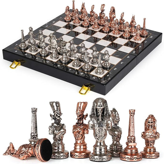 Large Egyptian Metal Chess Set for Adults with Travel Foldable Marbling 15-Inch Chess Board - Weighted Metal Chess Pieces- Luxurious Chess Sets for Collectors Family Vintage Board Game