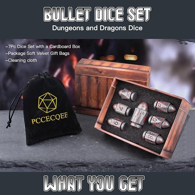 Bullet Dice,PCCECQEE D&D Dice for Dungeons and Dragons,Metal Dice Set of 7PC for Role Playing Game(SliverBlood)