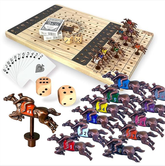 New Metal Horses Race Board Game With 11 Horses, 2 Dice and 2 Card Boxes - Thick Luxurious Wood Chessboard - Adult Party and Family Game Night