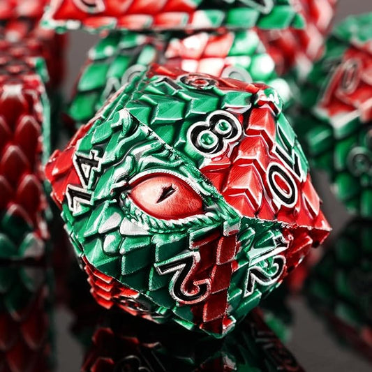 Metal Dice Set D&D,7 PCS Dragon Scale Metallic DND Dice Set,Dragon Eye Metal Dice with Gift Metal Box for Dungeons and Dragon Tabletop Game (Red Green Dragon Scale & Red Eye)