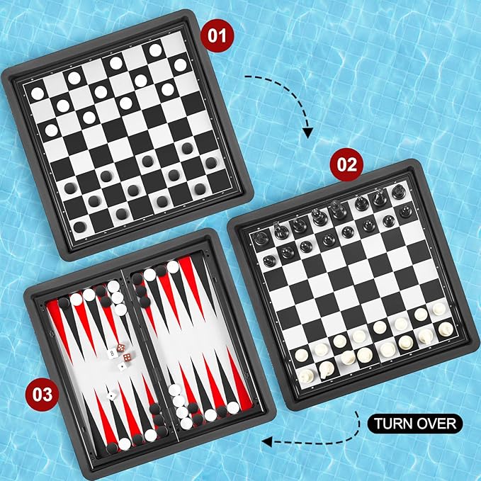 Liliful Floating Multi Game board Reversible Foldable Chess Board Tic Tac Toe Portable Travel Backgammon Chess and Checkers Game Set Pool Board Games for Family Pool Playing Board Games (3 in 1 Chess)