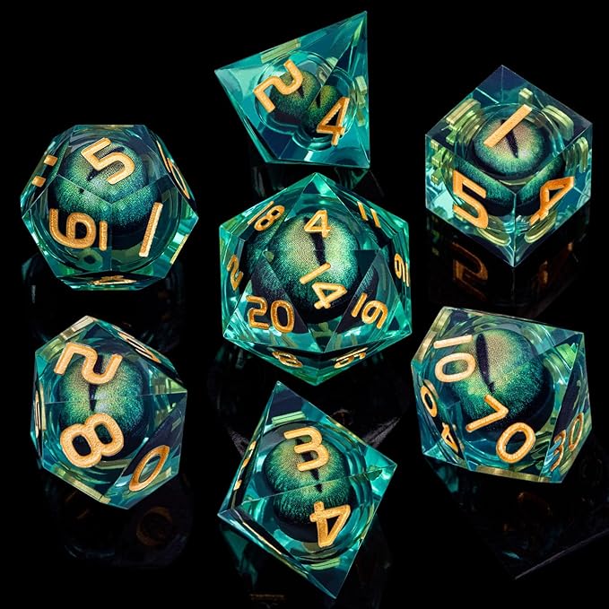ARUOHHA DND Resin Dice Dragon Eye Liquid Core Polyhedral D and D Dice Set with Gift Box, Green Sharp Edged Dice Role Playing Game D20 D12 D10 D8 D6 D4