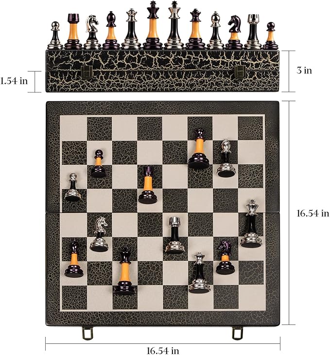 Chess Set 16" Wooden Foldable Black White Chess Board 3.5" Luxury Weighted Acrylic Chess Pieces with Storage Slots for Adults Children Gift Large