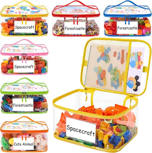Upgraded 6 Pack Clear Toy Storage Bag - with Name Tag Manual Pocket, Transparent PVC Toy Organizer Case with Zipper for Board Game, Building Block, Puzzle, Large Capacity for Kids Ages 6+ (Colorful)
