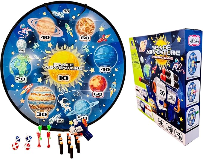 Kids Dart Game Set Large Wall Hanging Target Shooting Game with 22pcs/Set with Foam Bullets, Plastic Darts, Belvor Balls and 1 Compact Gun - Great for Boys and Girls Diameter 29" (Blue)