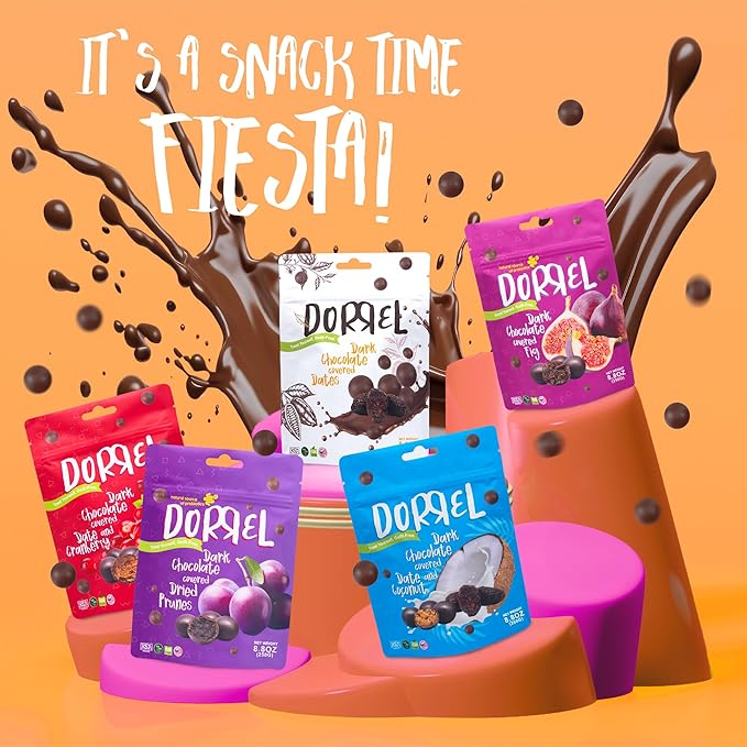 DORREL - Belgian Dark Chocolate Covered Medjool Dates, High Energy Vegan Choco Snack Delicious, Kosher & Non-GMO, Pack of 1 Chocolate Covered Dates, 7.05 oz / 200 g Ea