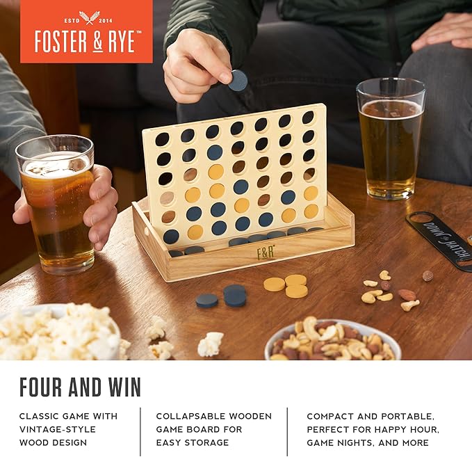 Foster & Rye Four and Win - Classic Board Game, Games for 2 Players Vintage Wood Design - Board Game Tabletop