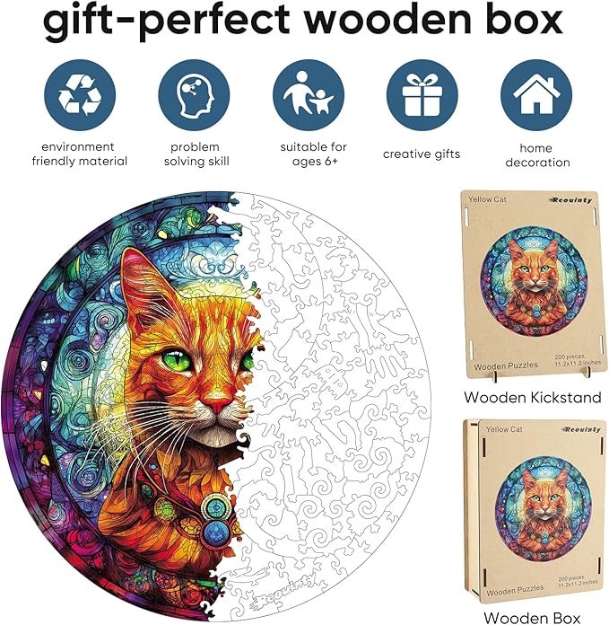 Cool Wooden Puzzle for Adults 500 Piece, Yellow Cat Wooden Jigsaw Puzzles, Beautiful Wooden Puzzle with Box Birthday Gifts for Adults and Kids Family Game(16.5 * 16.5in)