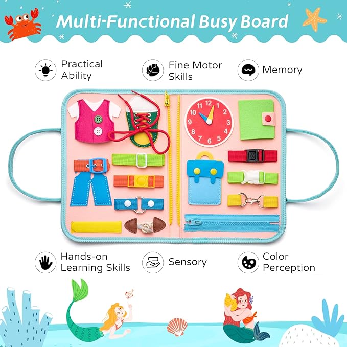 Busy Board Sensory Toys for Toddlers 2 3 4, Travel Activities Educational/Montessori Toys for 2 3 4 Year Old Gilrs Boys Gift, Mermaid