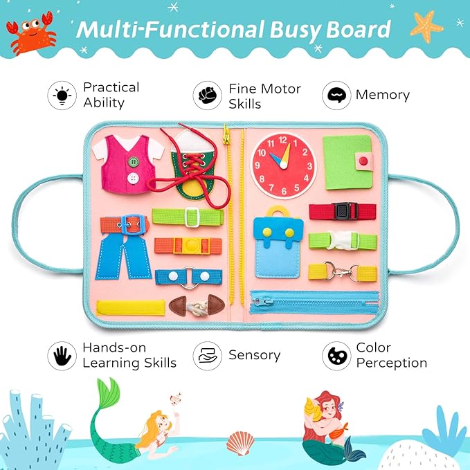 Busy Board Sensory Toys for Toddlers 2 3 4, Travel Activities Educational/Montessori Toys for 2 3 4 Year Old Gilrs Boys Gift, Mermaid