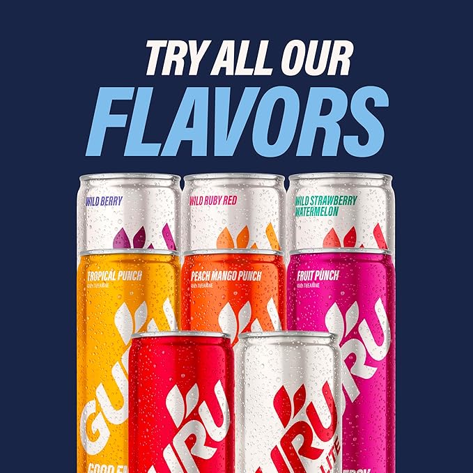 GURU Yerba Mate Organic Energy Drinks, Clean Energy Drink with Plant Based Natural Caffeine from Green Tea, Low Calorie, Gluten Free, 140mg Caffeine, Healthy Drinks, Acai Berry, 12oz (Pack of 12)